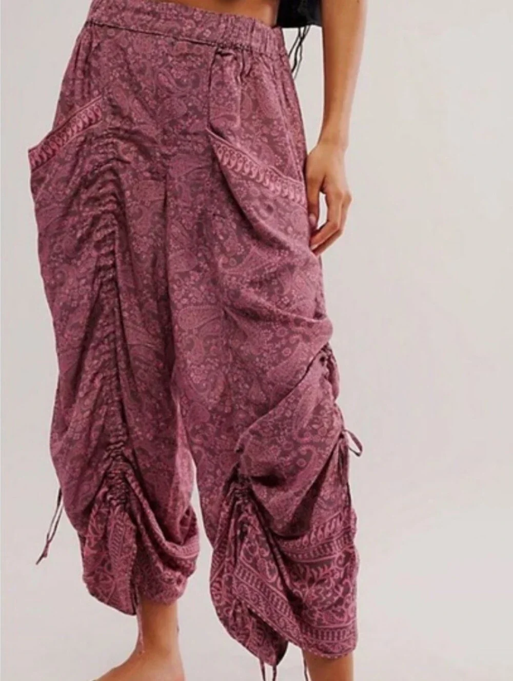 Free People Flora Pull On Bustle Trouser Paisley Ruched Leg L Paisley